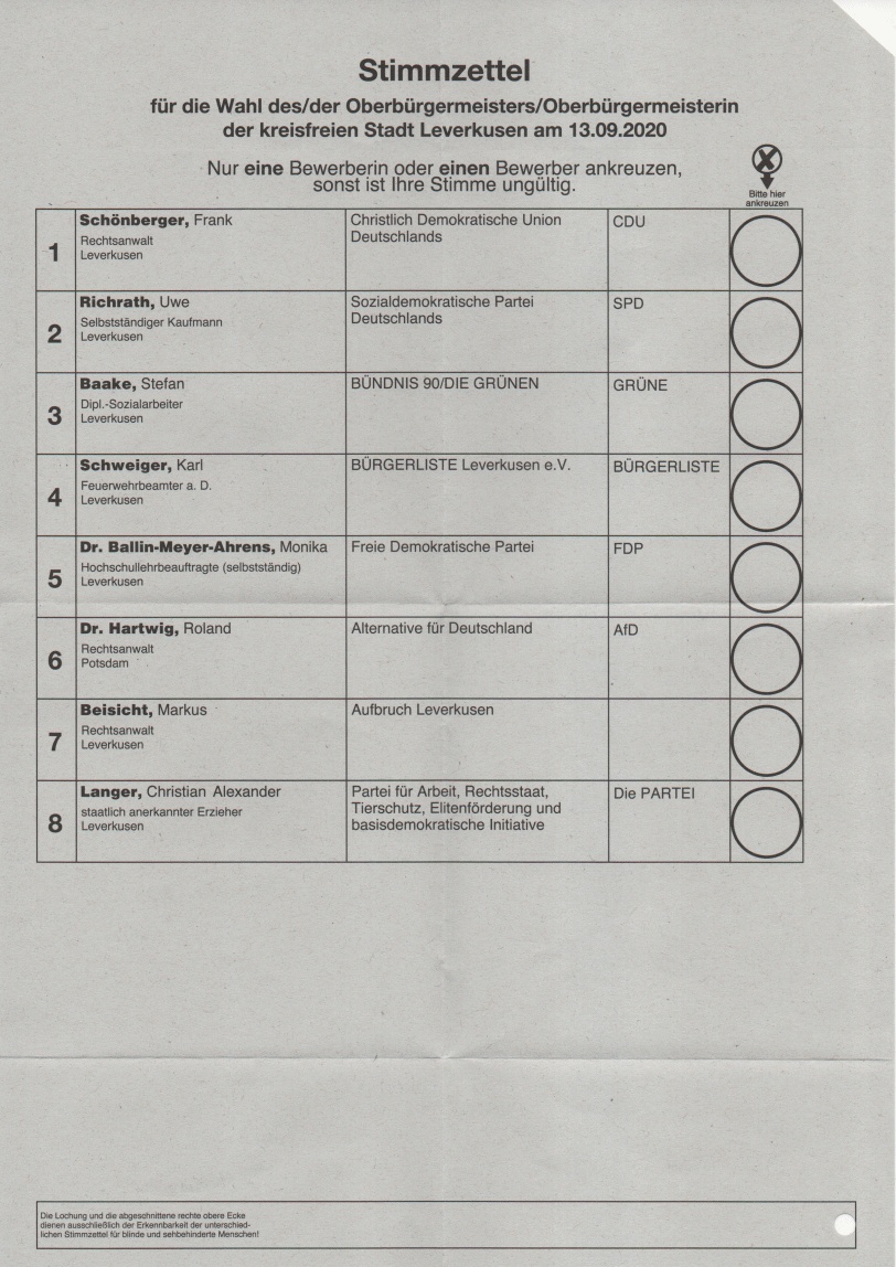 Stimmzettel Kommunalwahlen 2020 (Leverkusen, NRW, Bürgermeister)