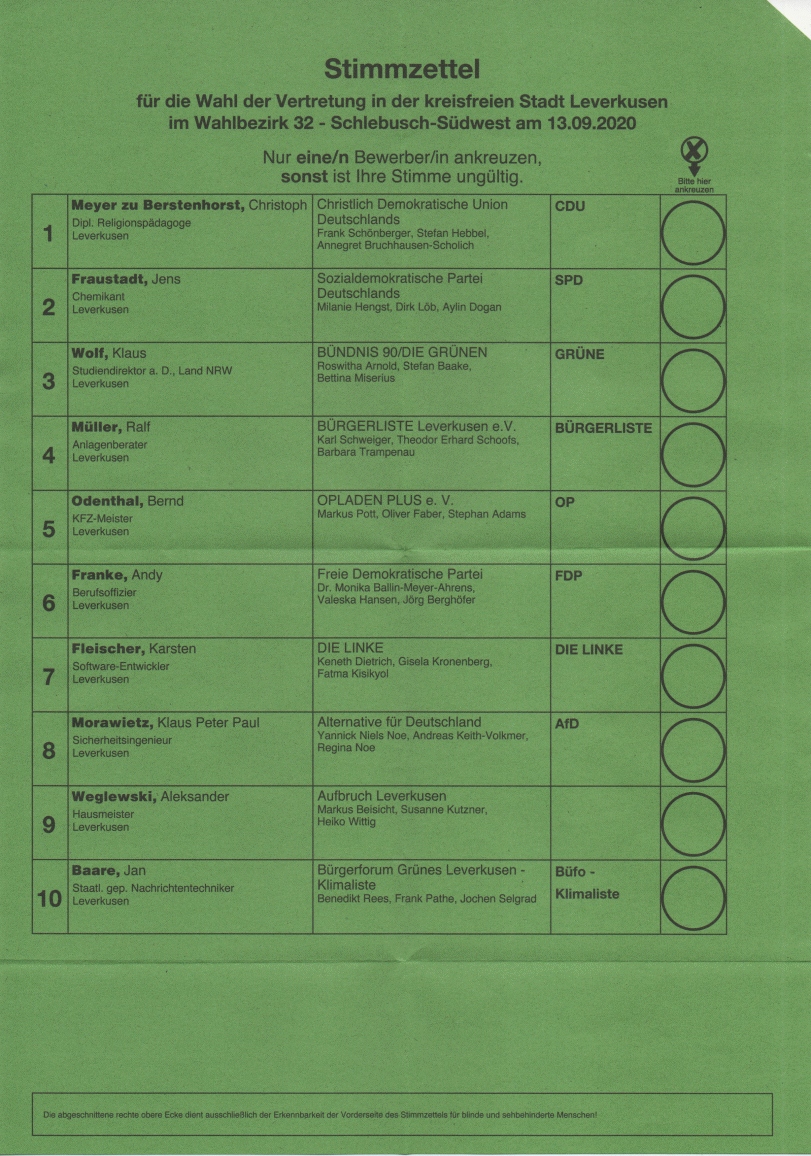 Stimmzettel Kommunalwahlen 2020 (Leverkusen, NRW, Vertretung bzw. Stadtrat)