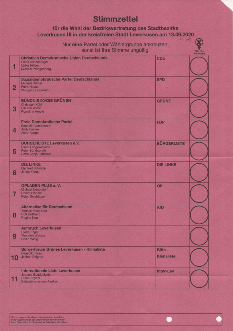 Stimmzettel Kommunalwahlen 2020 NRW (Leverkusen, Bezirksvertretung)