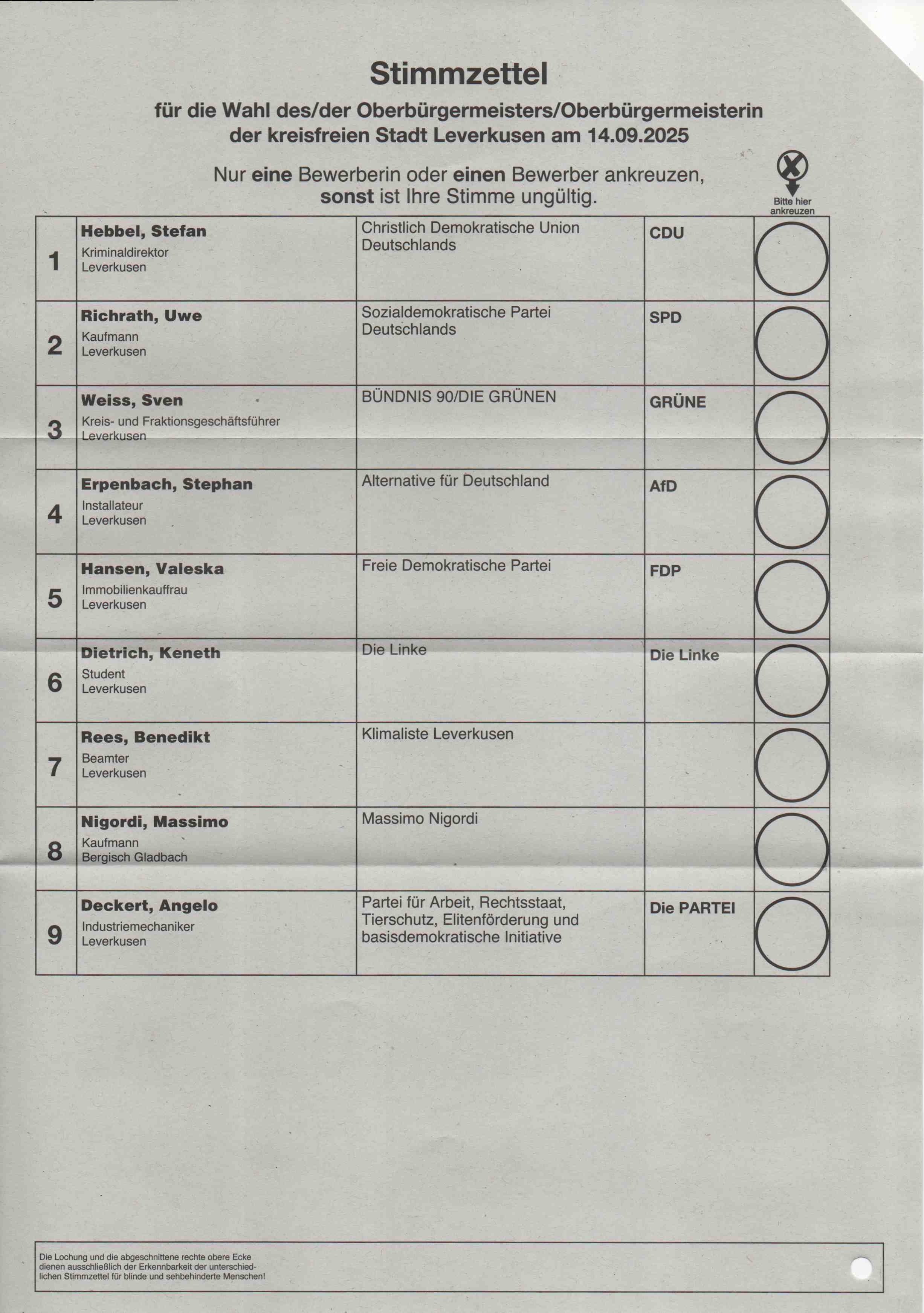 Stimmzettel Kommunalwahl 2025 (Leverkusen, NRW, Oberbürgermeister)