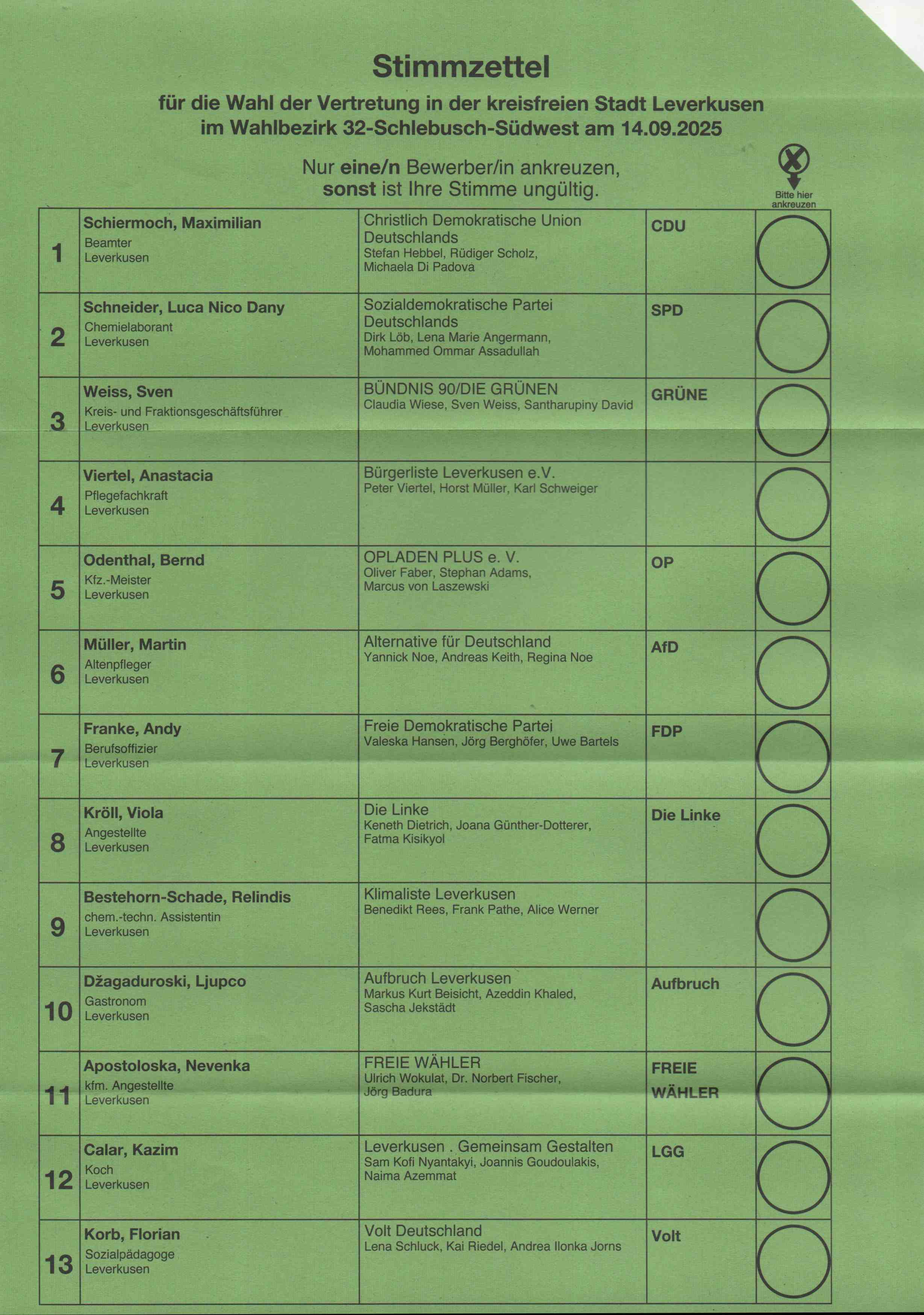 Stimmzettel Kommunalwahl 2025 (Leverkusen, NRW, Vertretung bzw. Stadtrat)