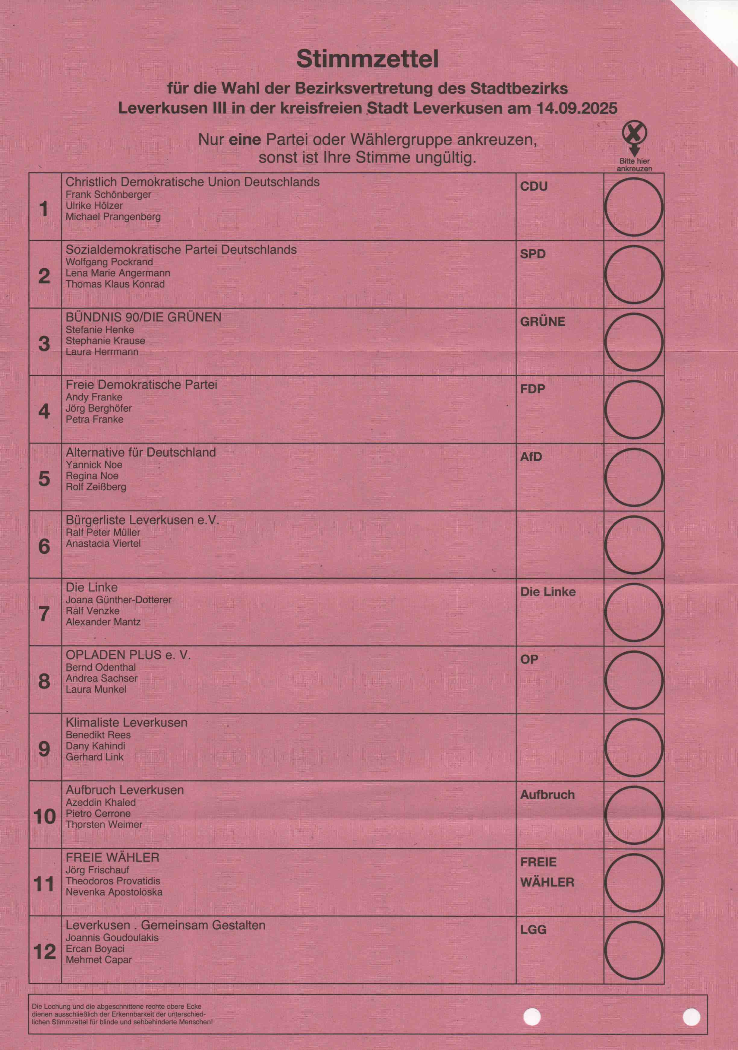 Stimmzettel zu den Kommunalwahlen 2025 in NRW (Leverkusen, Bezirksvertretung)