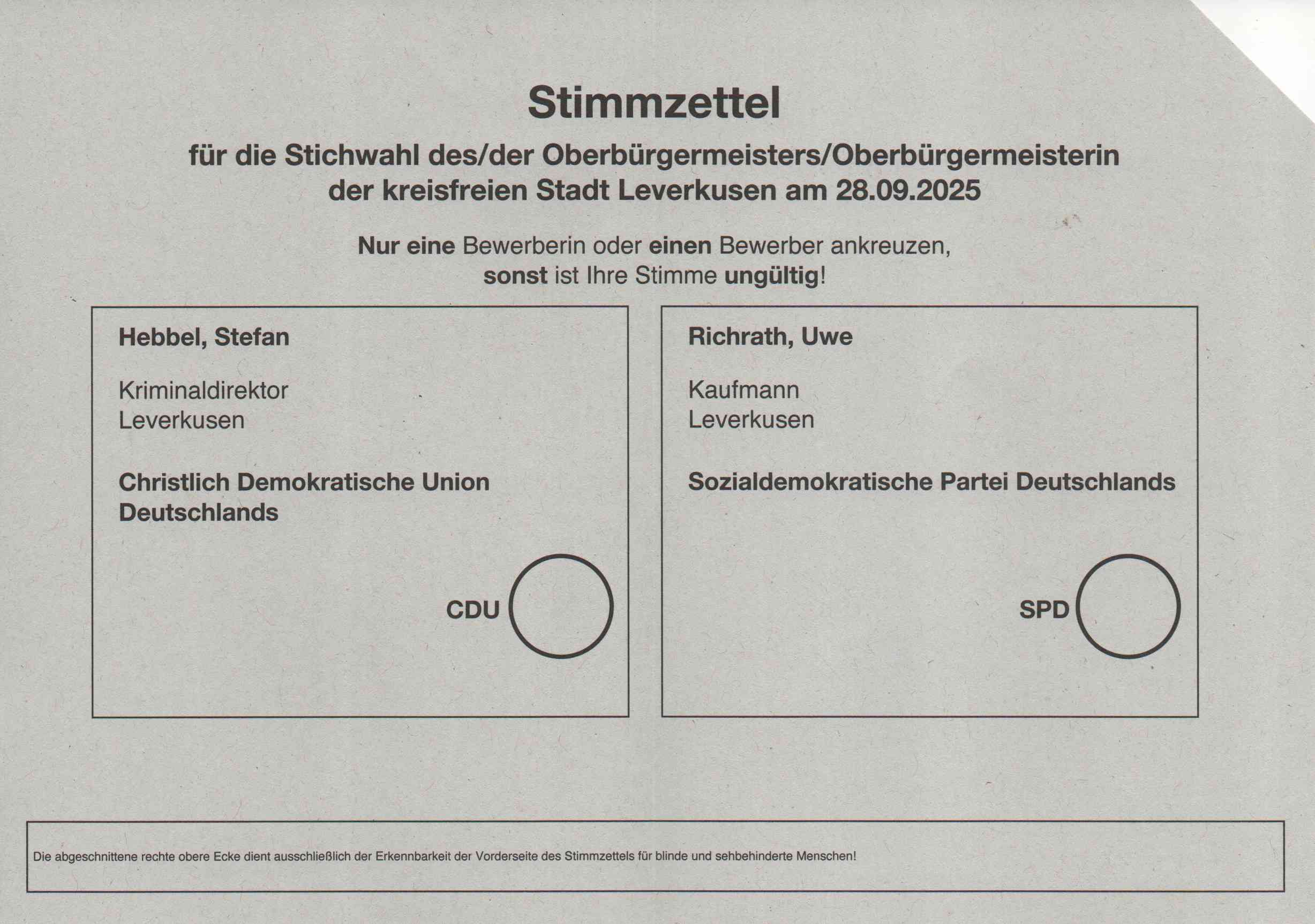 Stimmzettel zur Stichwahl, Kommunalwahl NRW 2025 (2. Wahlgang in Leverkusen)