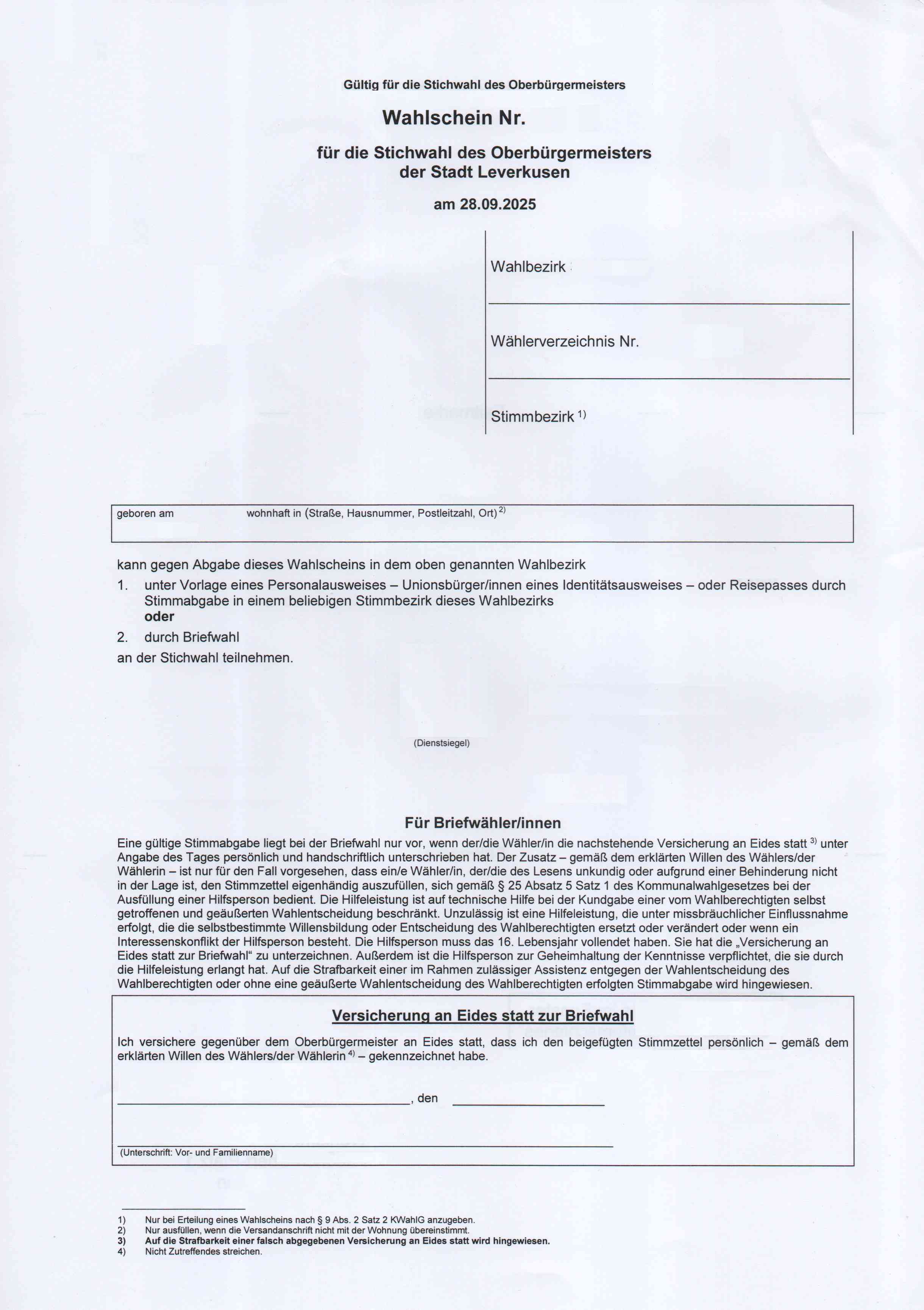 Wahlschein zur Briefwahl